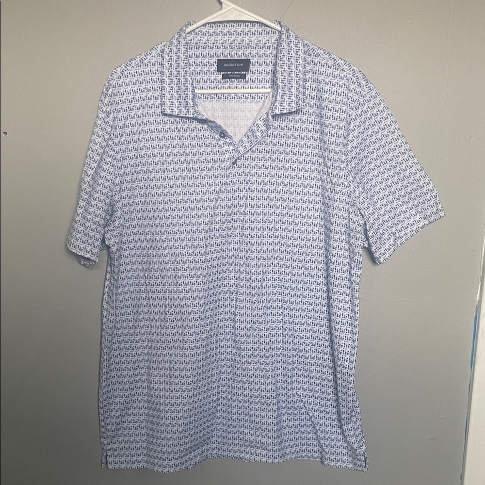 Bugatchi XL Air Blue Patterned 8 Way Stretch cotton blend polo quiet luxury prep